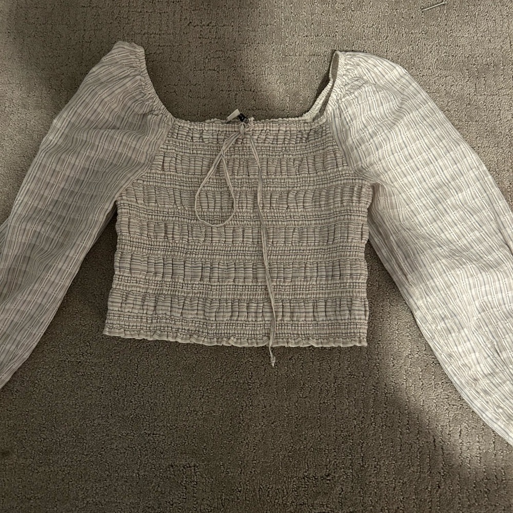 American Eagle white striped long sleeve top with tie front